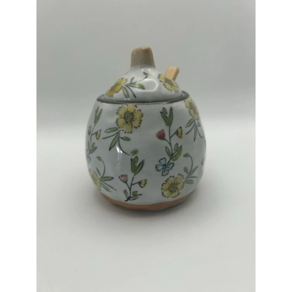 Creative Co-Op Hand Painted Spoon‎ & Lid Stoneware Sugar Pot Flower Design